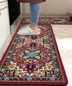 AOKEMENGTE Kitchen Rug Set of 2 Red Bohemian Farmhouse Anti-Fatigue Kitchen Mats Vintage 0.4 Inches Thick Rubber Comfort Standing Rugs and Mats for Kitchen Sink Laundry Home Decor, 17.3 x 28+17.3 x 47 Inch